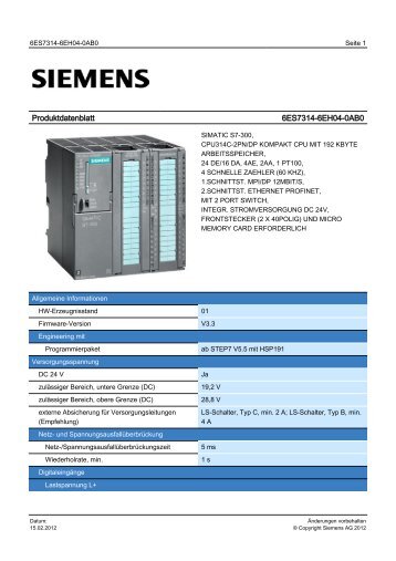 Product data sheet 6ES7314-6EH04-0AB0 - TP Automation e.K.