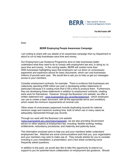 Dear BERR Employing People Awareness Campaign I am writing to ...