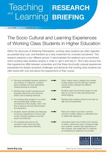 The Socio Cultural and Learning Experiences of Working Class ...