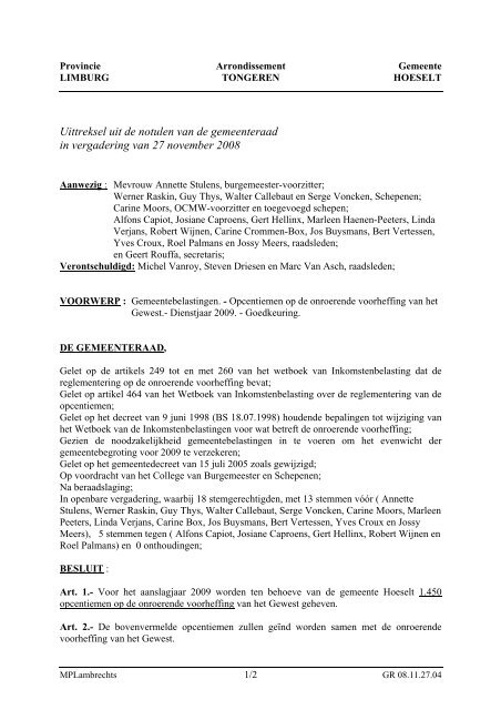 Uittreksel uit de notulen van de gemeenteraad in ... - Hoeselt.Be