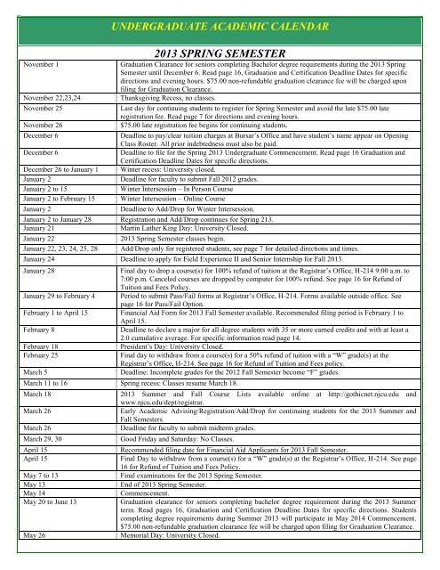 undergraduate academic calendar 2013 spring semester
