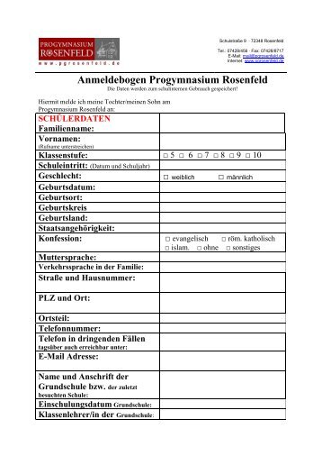 Formular Schüleranmeldung - Progymnasium Rosenfeld