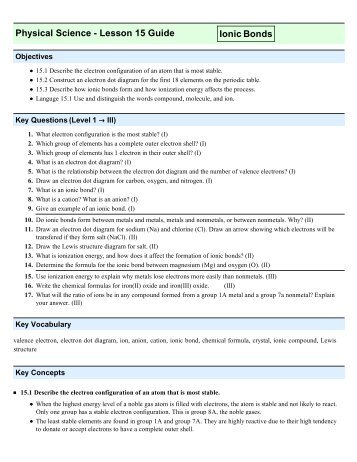 Physical Science - Lesson 15 Guide Ionic Bonds
