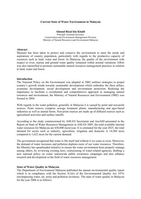 Current State of Water Environment in Malaysia Ahmad Rizal bin 