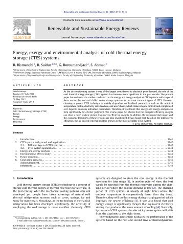 Energy, exergy and environmental analysis of cold thermal energy ...