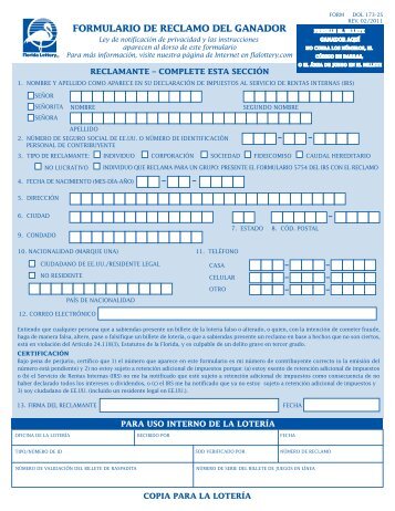 FORMULARIO DE RECLAMO DEL GANADOR - The Florida Lottery