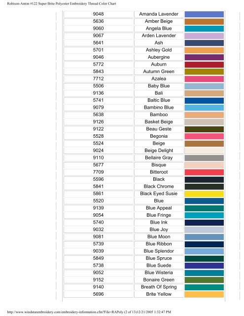 Polyester Embroidery Thread Color Chart