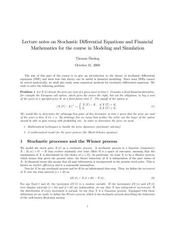 Lecture notes on Stochastic Differential Equations and Financial ...