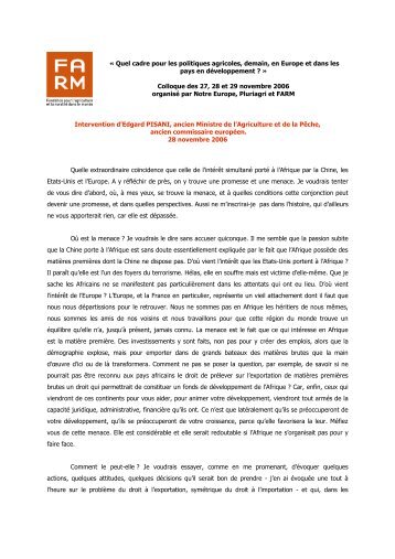 Discours d'Edgard Pisani, ancien Ministre de l ... - Fondation FARM