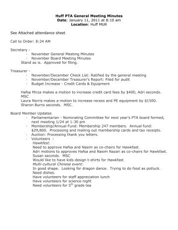 Huff PTA General Meeting Minutes Date: January 11, 2011 at 8:10 ...