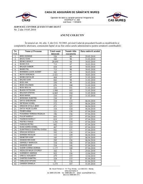 Nr. 2 din 19.05.2010 ANUNÅ¢ COLECTIV - CAS Mures