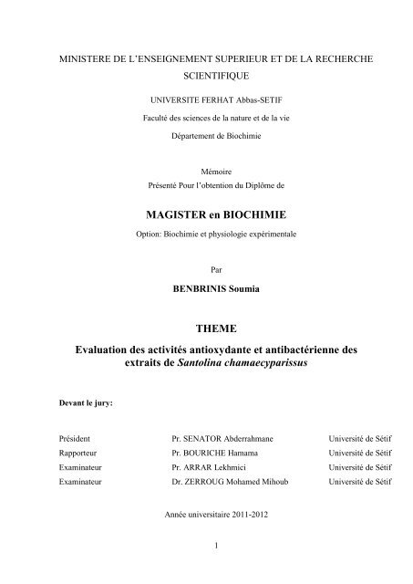 MAGISTER en BIOCHIMIE - UniversitÃ© Ferhat Abbas de SÃ©tif