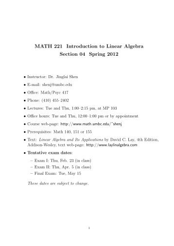 MATH 221 Introduction to Linear Algebra Section 04 Spring ... - UMBC