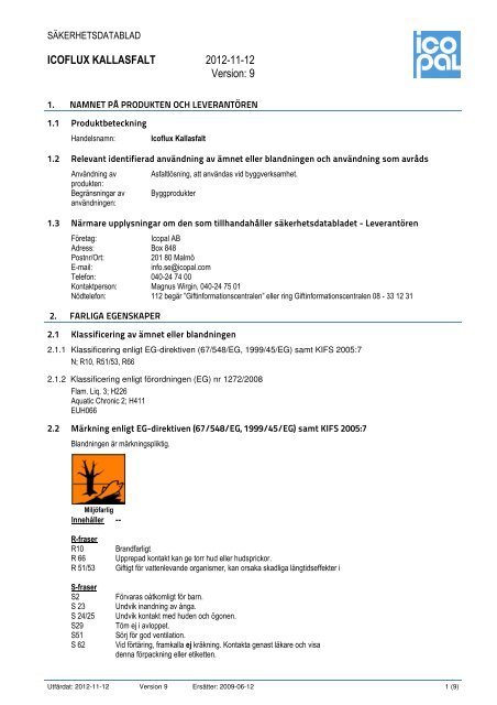 SÃ¤kerhetsdatablad Icoflux Kallasfalt - Icopal AB