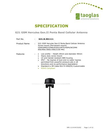 G21 GSM Hercules Gen.II Penta Band Cellular Antenna - Taoglas