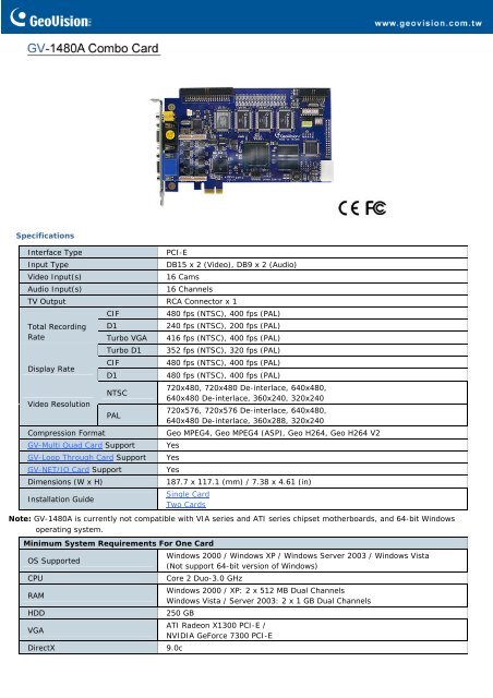 Specifications Interface Type PCI-E Input Type DB15 ... - TCS Controls