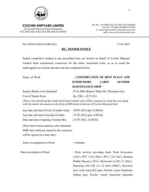 COCHIN SHIPYARD LIMITED - Tenders India