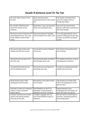 Vocalic R Sentence Level Tic Tac Toe - Speaking of Speech