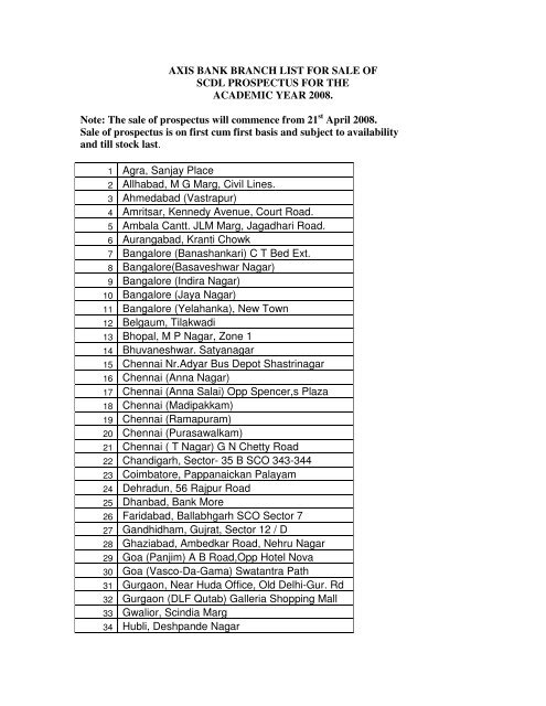 Axis Bank Branch List For Sale Of Scdl Prospectus
