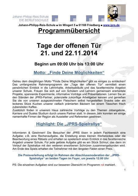 Programmübersicht Tage der offenen Tür 21. und 22.11.2014