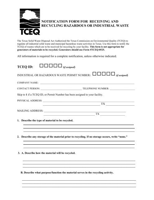 notification form for receiving and recycling ... - TCEQ e-Services