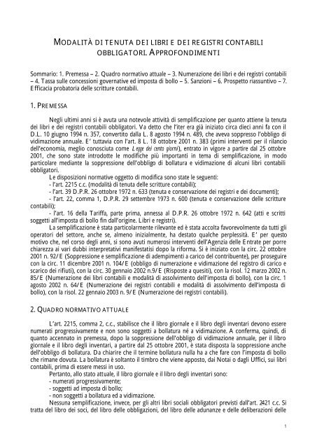 modalitÃ  di tenuta dei libri e dei registri contabili ... - Rivista S.S.E.F.