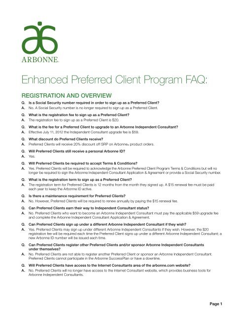 Enhanced preferred client program faq - arbonne