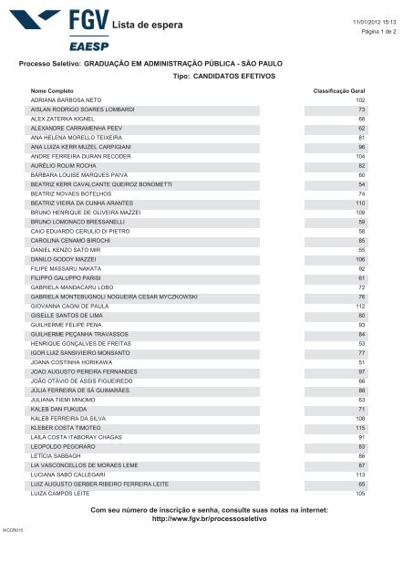 Lista de espera - Processos seletivos FGV