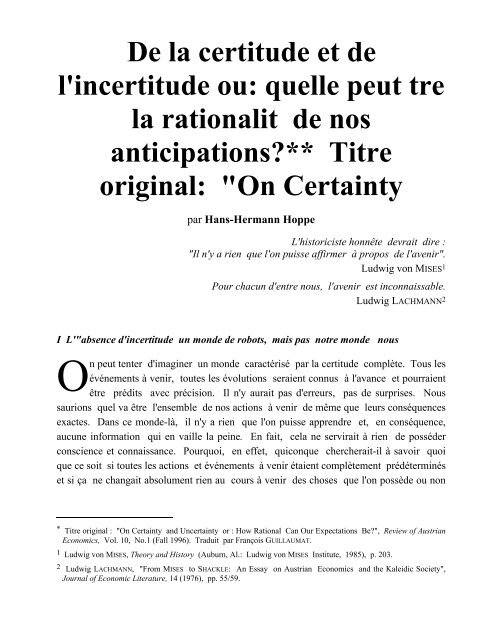 De La Certitude Et De L Incertitude Ou Hans Hermann Hoppe