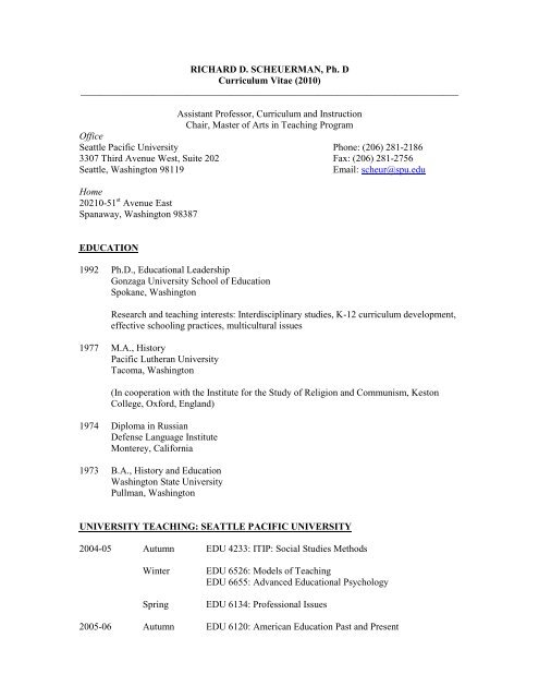RICHARD D. SCHEUERMAN, Ph. D Curriculum Vitae (2010)