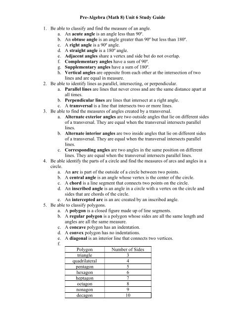 Pre-Algebra (Math 8) Unit 6 Study Guide