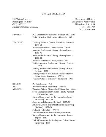 Michael Zuckerman's Curriculum Vitae - Department of History ...