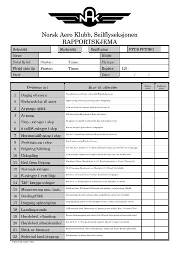 Norsk Aero Klubb, Seilflyseksjonen RAPPORTSKJEMA