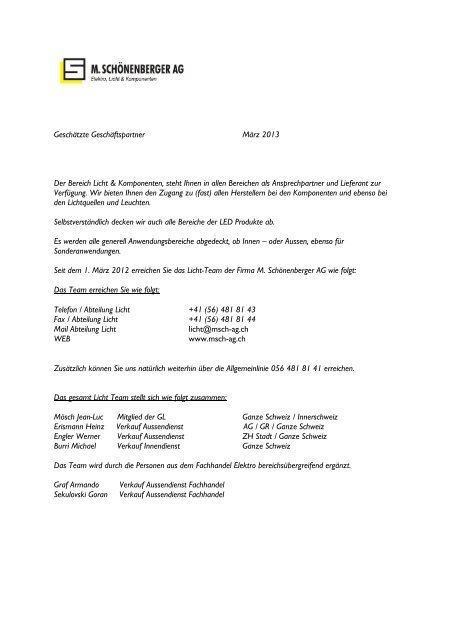 Info PDF Licht-Abteilung - Shop MSCH AG - M.Schönenberger AG