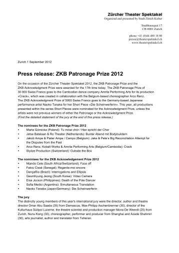 Press release: ZKB Patronage Prize 2012 - Zürcher Theater Spektakel