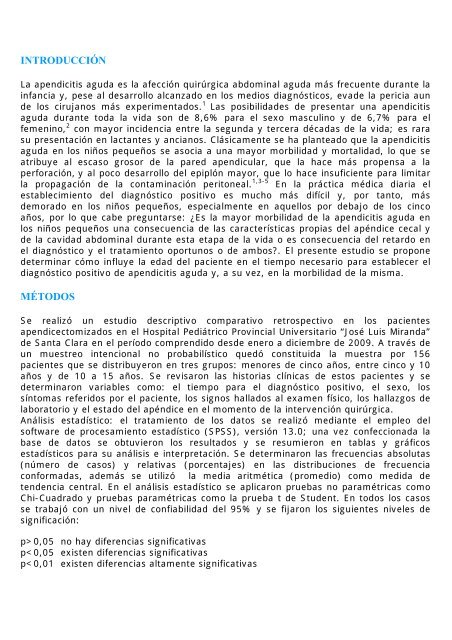 Apendicitis aguda en el niÃ±o, la edad como factor pronÃ³stico