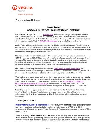 For Immediate Release Veolia Water Selected to Provide Produced ...
