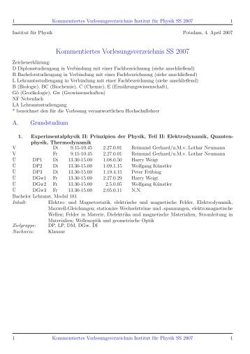 Kommentiertes Vorlesungsverzeichnis SS 2007 - Institut fuer Physik