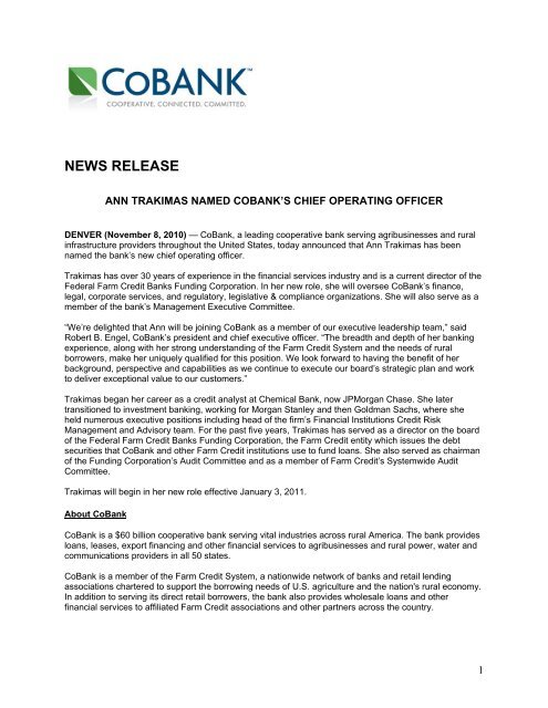 Ann Trakimas Named CoBank's Chief Operating Officer