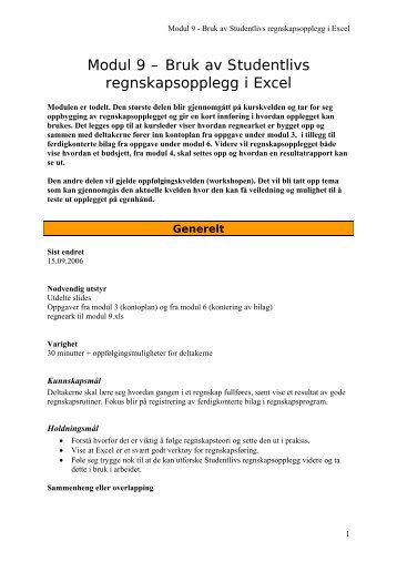 Modul 9 â Bruk av Studentlivs regnskapsopplegg i Excel - SiO