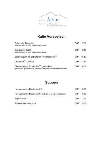 Kalte Vorspeisen Suppen - Hotel Alvier