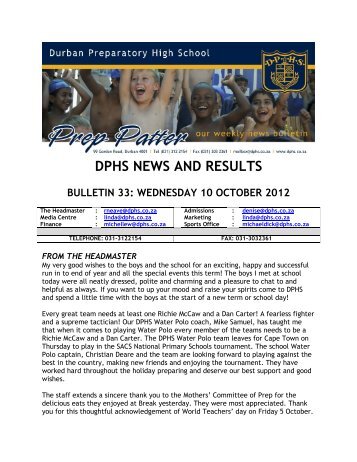 dphs news and results bulletin 33: wednesday 10 october 2012