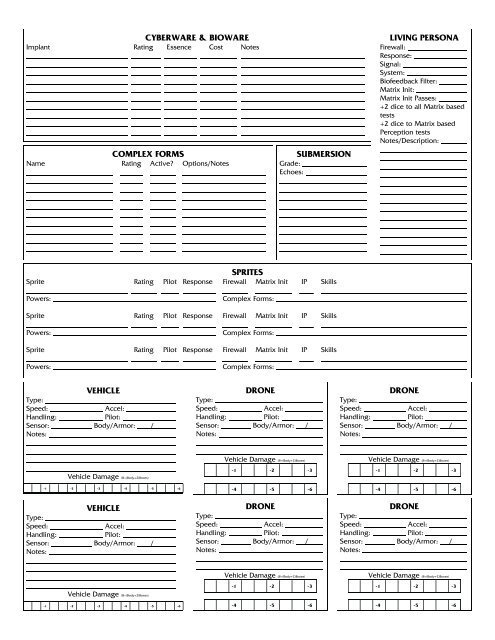 Shadowrun 4th Edition Character Sheets