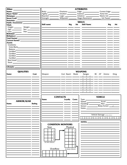 Shadowrun 4th Edition Character Sheets