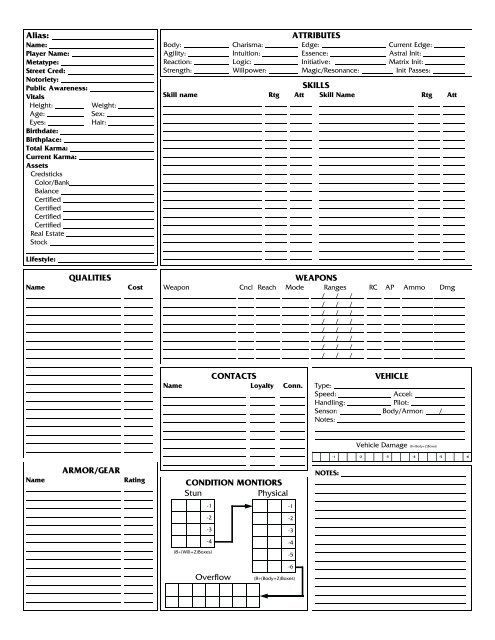 Shadowrun 4th Edition Character Sheets