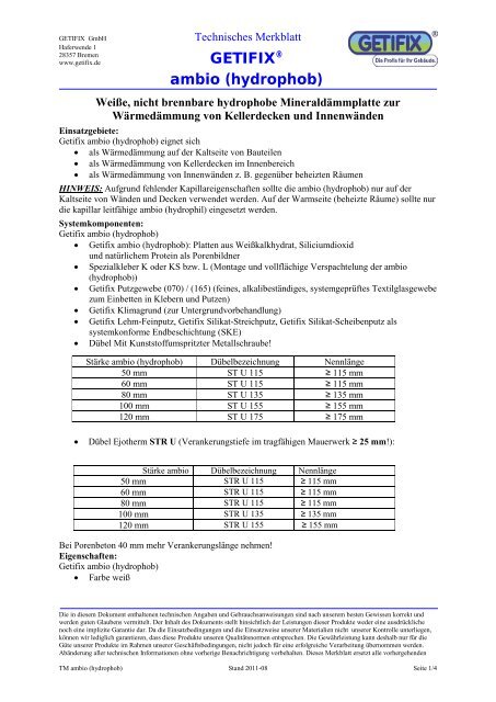 Technisches Merkblatt ambio (hydrophob) - Getifix GmbH