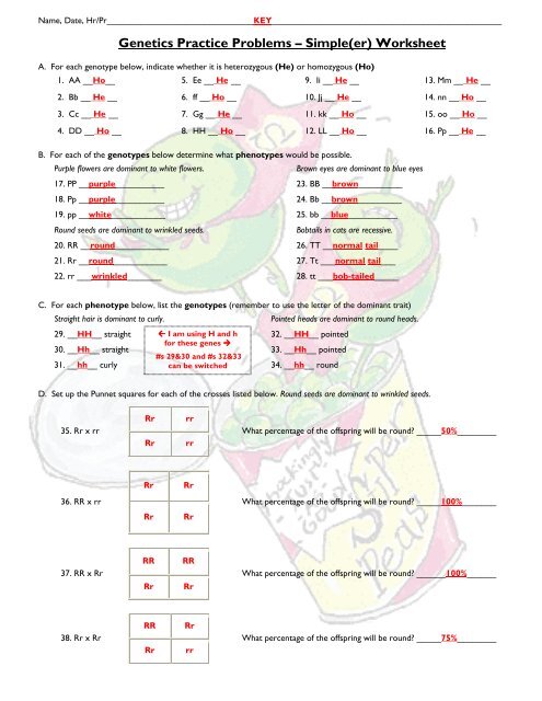 Genetics Practice Problems â€“ Simple(er) Worksheet - Fulton County 