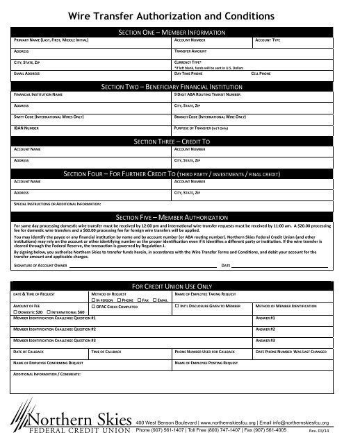 Wire Transfer Form Northern Skies Federal Credit Union