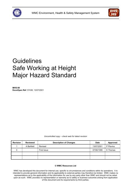 Guidelines Safe Working at Height Major Hazard Standard - MIRMgate
