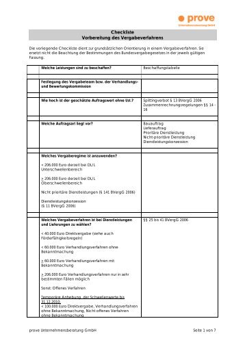 Checkliste Vorbereitung des Vergabeverfahrens